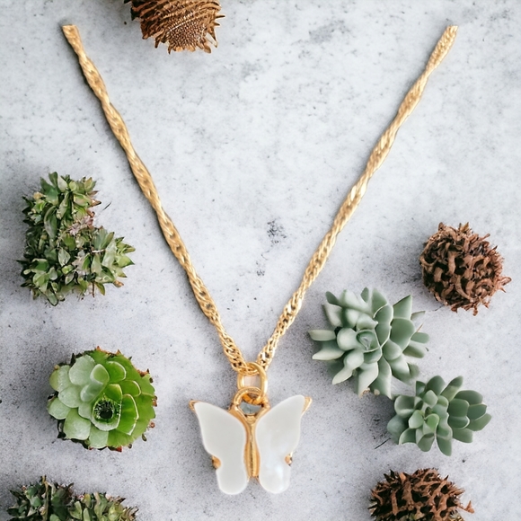 Gold Tone White Butterfly Pendant Necklace - Picture 7 of 11